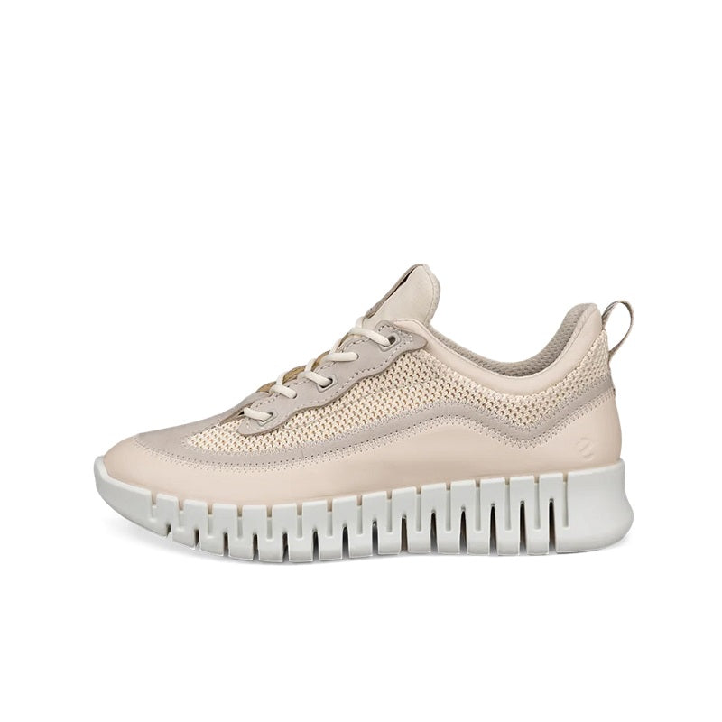 Light beige lace-up sneaker with textile upper and chunky white ribbed sole
