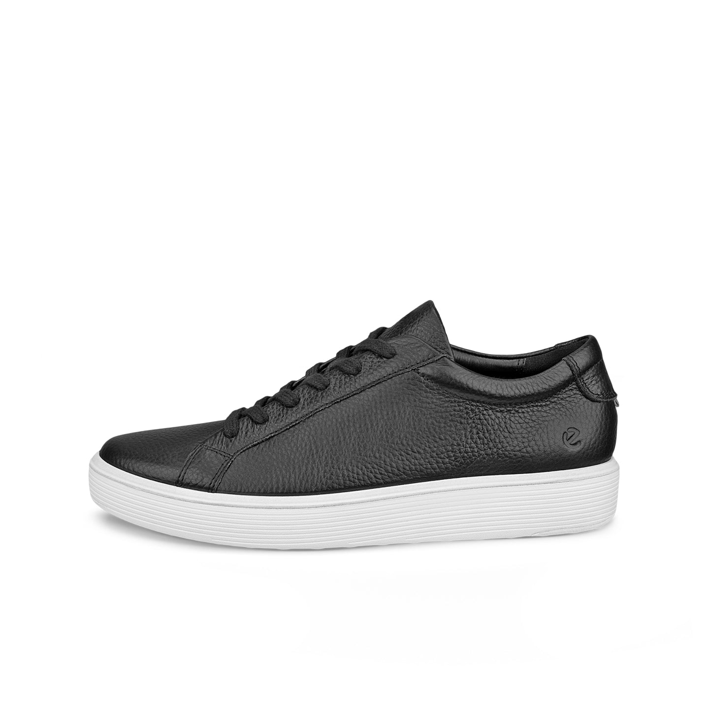 Women's leather sneakers, black, side view with lace-up and white sole