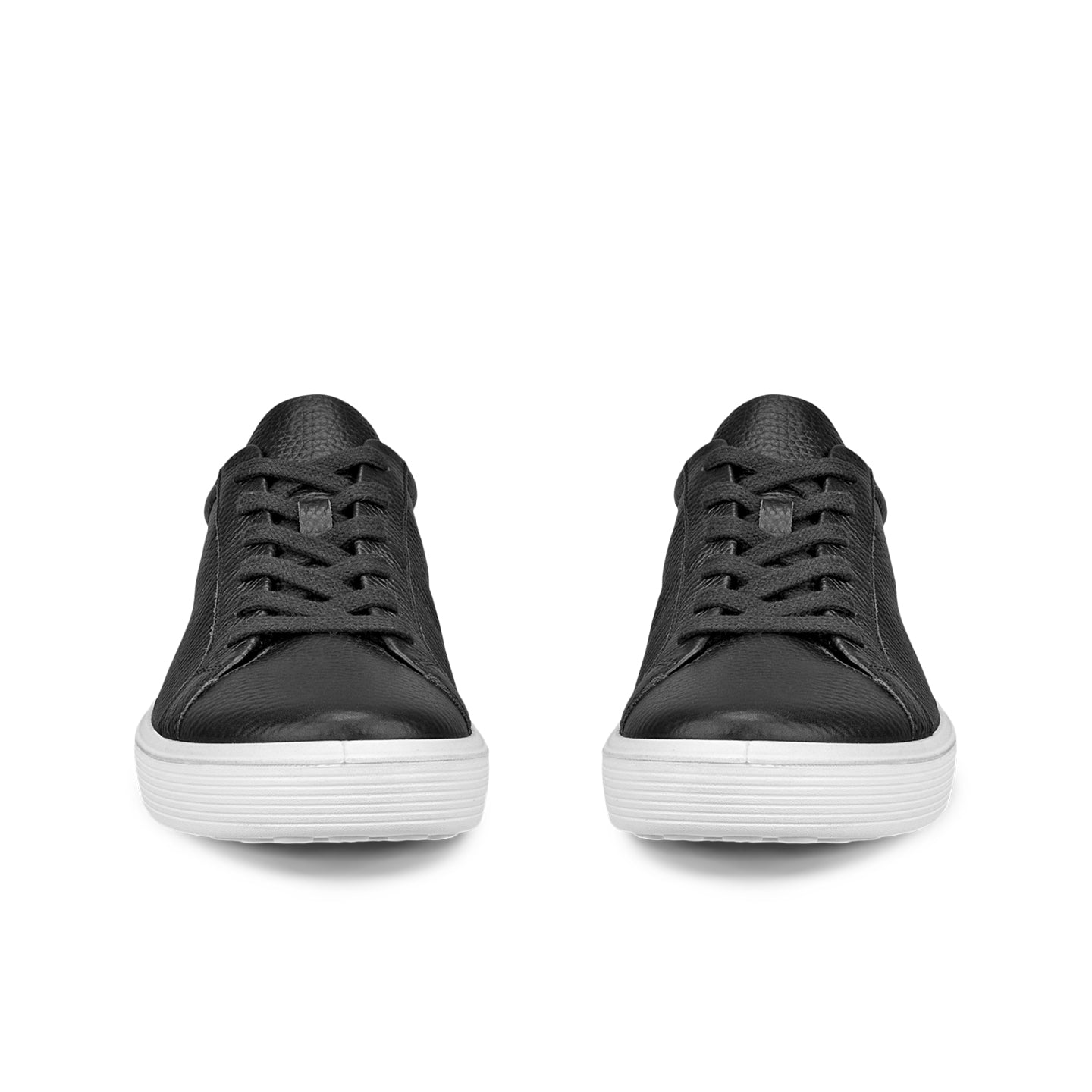 Women's leather sneakers, black pair view with lace-up and white midsoles