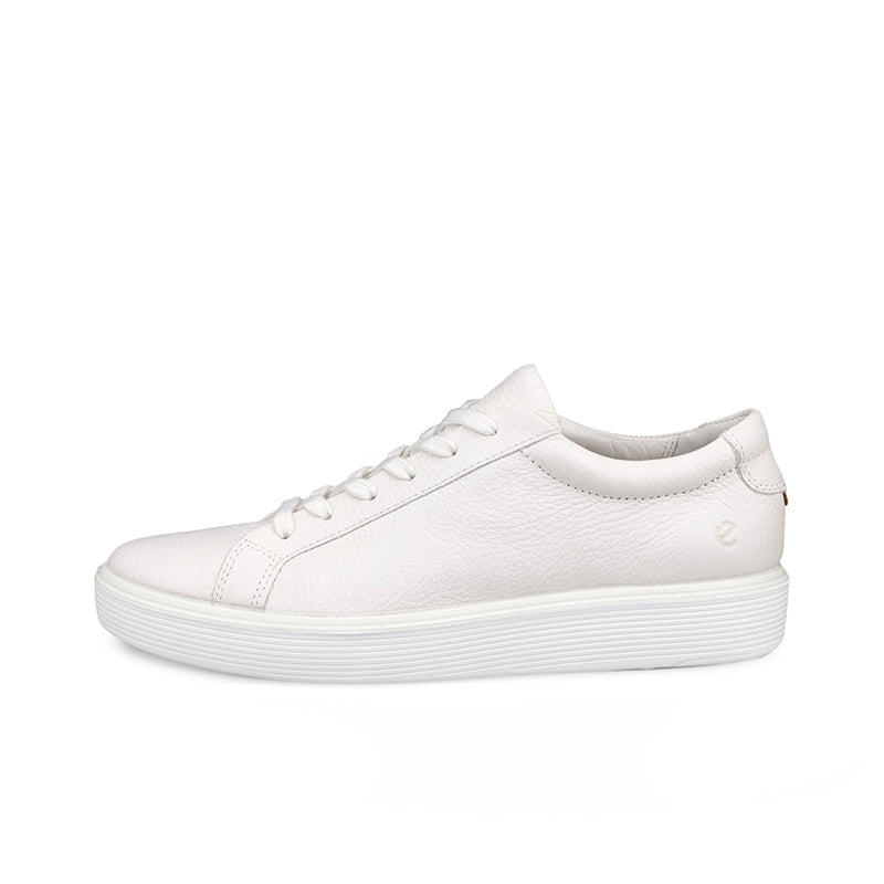 Women's leather sneakers, white, front side view with lace-up and white sole