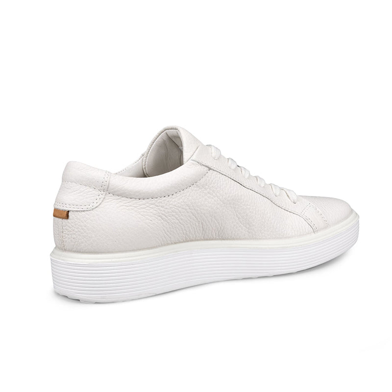 Women's leather sneakers, white, back view with lace-up and cushioned collar