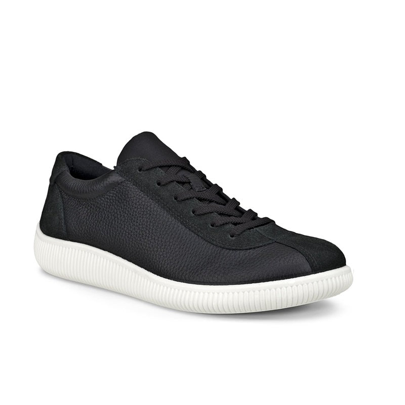 Black leather women's sneaker with lace-up front and white ribbed sole
