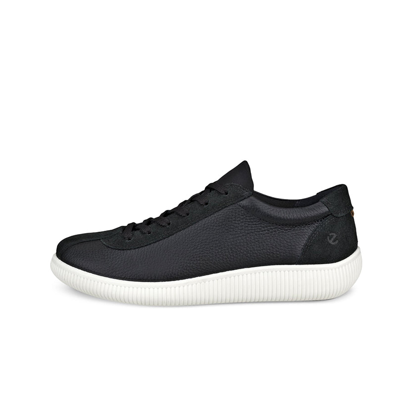 Black leather women's sneaker, lace-up with padded collar and white ribbed sole