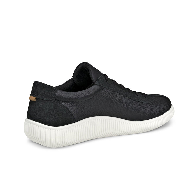 Black leather women's sneaker from side view, lace-up and cushioned collar