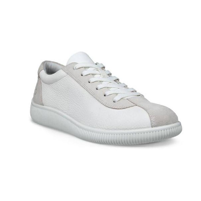 Light gray leather women's sneaker with white laces and ribbed sole