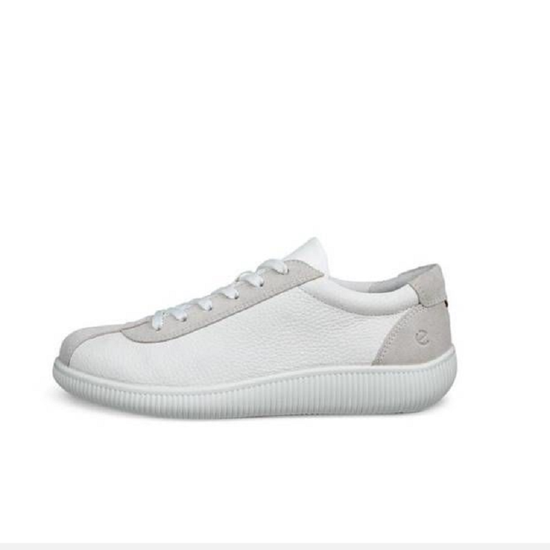 Light gray and white leather women's sneaker, lace-up with cushioned collar
