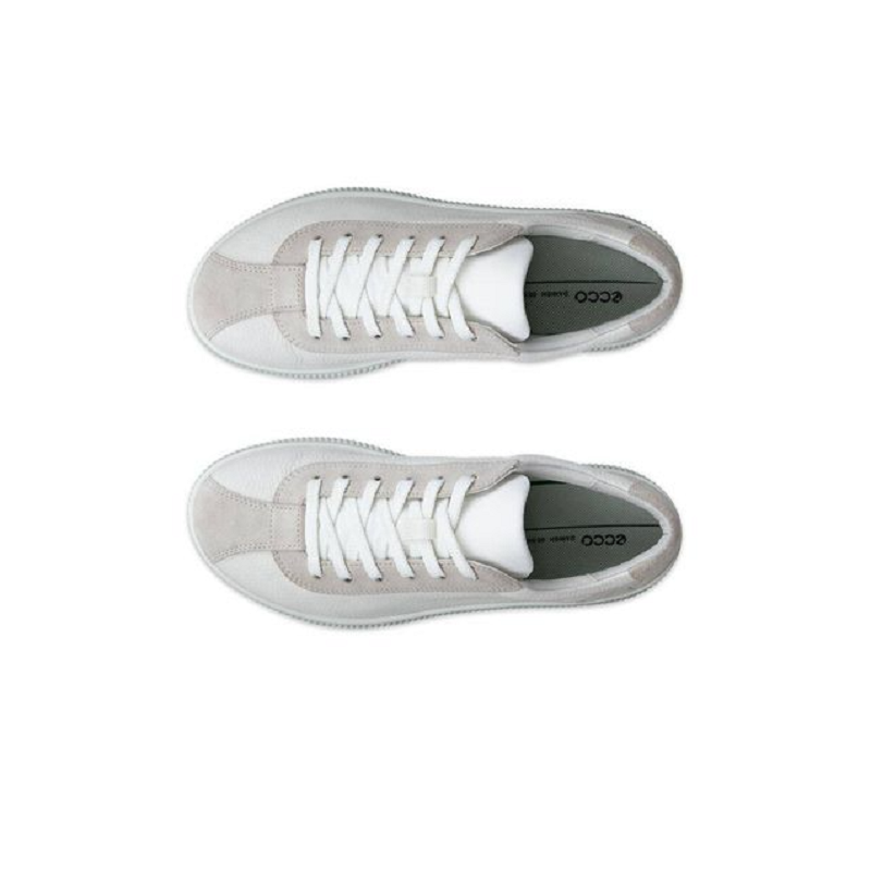 Open toe view of light gray sneaker with white laces and gray lining