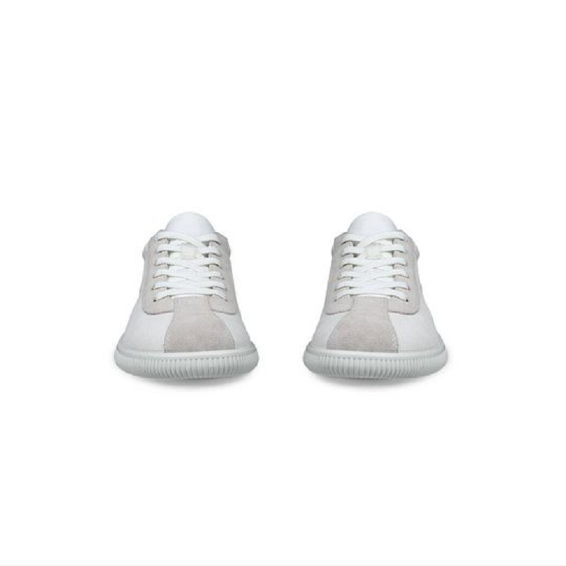 Pair of white and gray women's sneakers with lace-up uppers and rubber soles