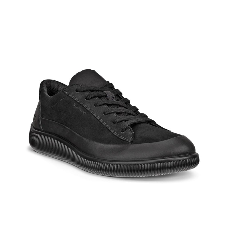 Black lace-up sneakers with ribbed rubber sole and stitched side panels
