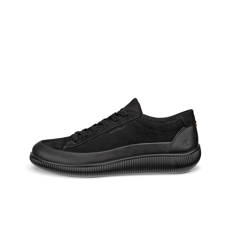 Black lace-up sneakers with ribbed rubber sole and side logo detail