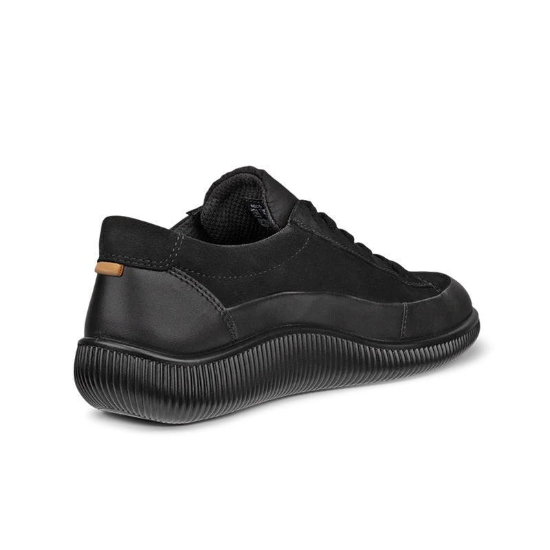 Black lace-up sneakers with ribbed rubber sole and tan accent pull tab