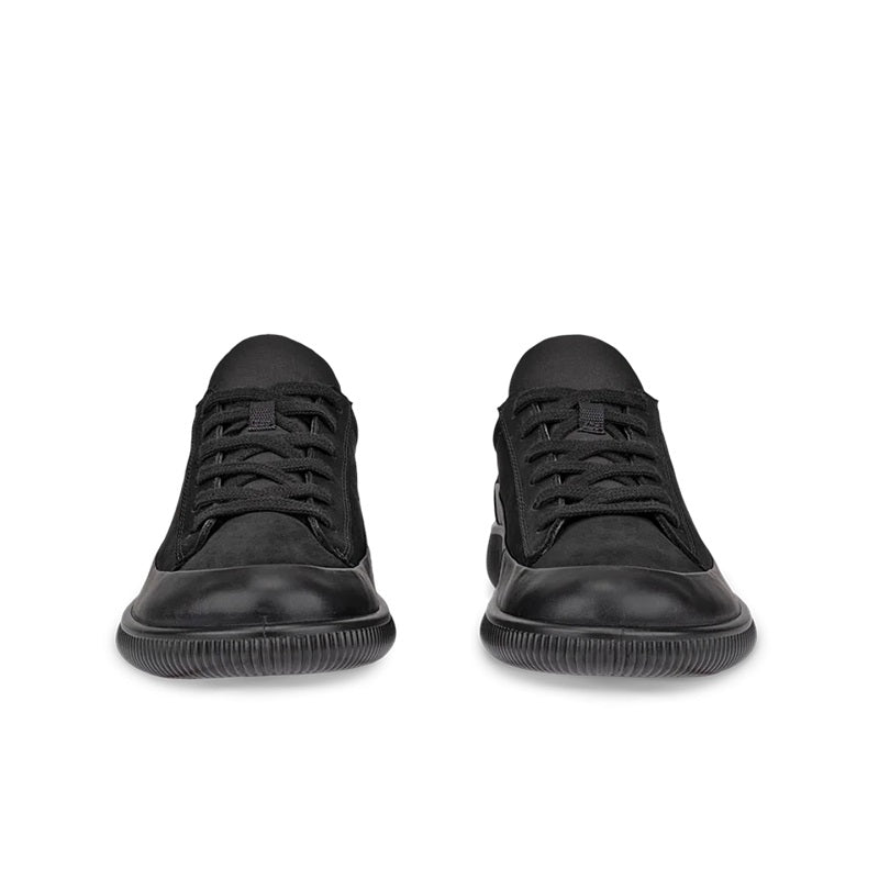 Black lace-up sneakers, front and back views, with ribbed rubber soles