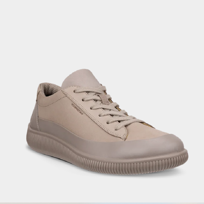Beige lace-up sneakers with ribbed rubber sole and smooth quarter panels