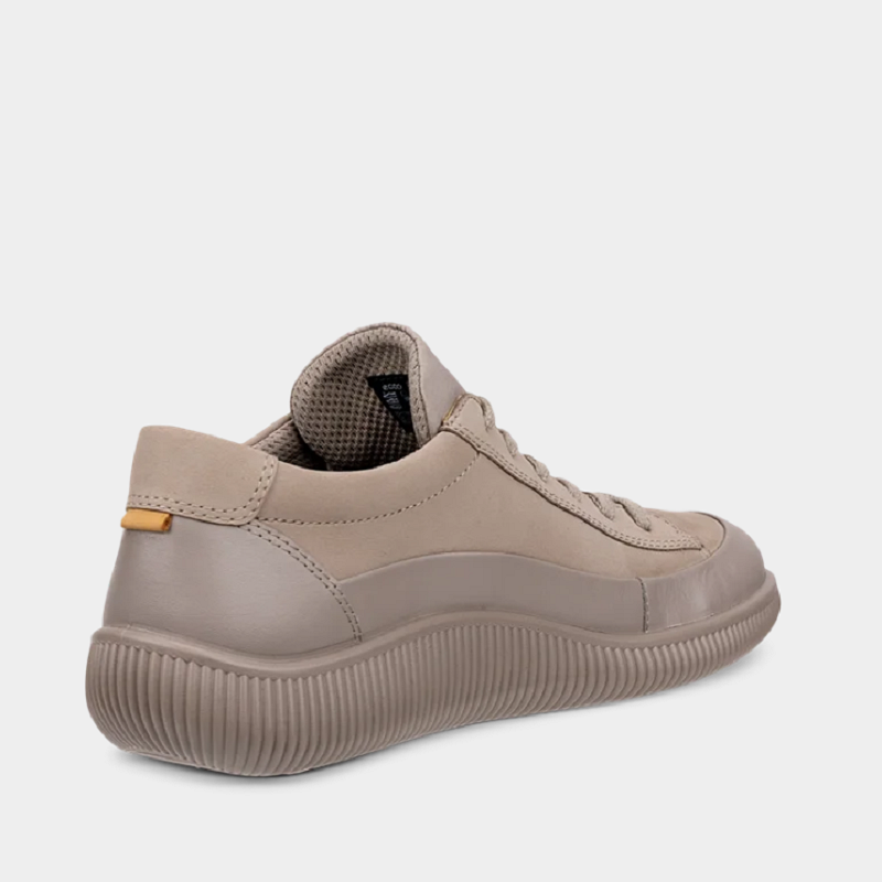 Light taupe lace-up sneakers with ribbed sole and tan accent pull tab
