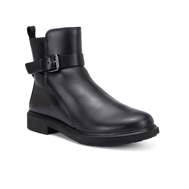 Black leather womens ankle boot with buckle strap and low stacked heel
