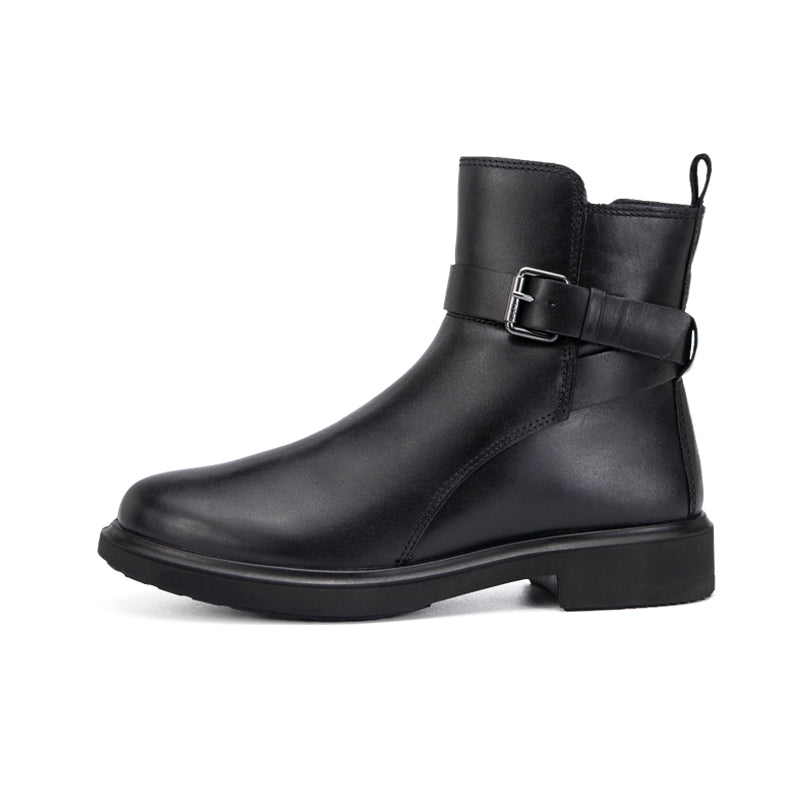 Black leather womens ankle boot with side buckle strap and chunky sole