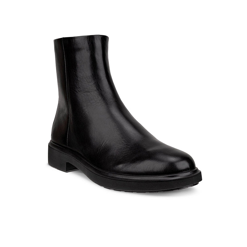 Women's black leather ankle boots with stacked heel and pull-on style