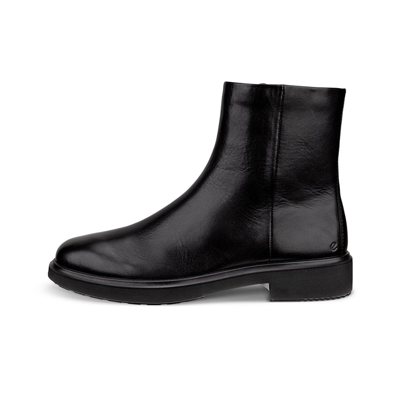Women's black leather ankle boots with side seam and low stacked heel