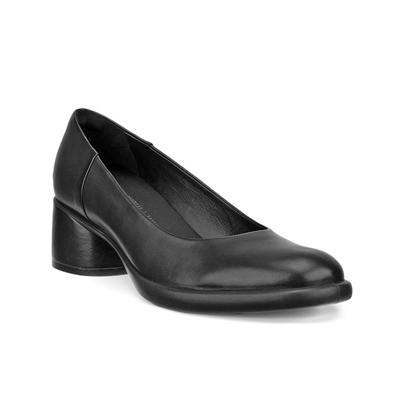 Women's black leather high-heel slip-on dress shoe with almond toe
