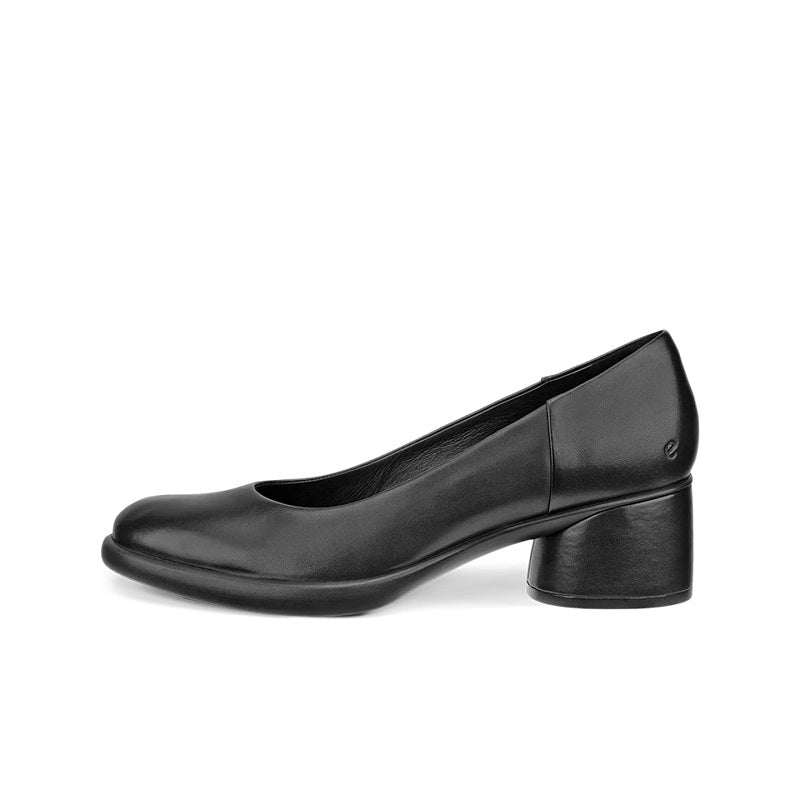 Women's black leather high-heel slip-on pump with chunky mid heel