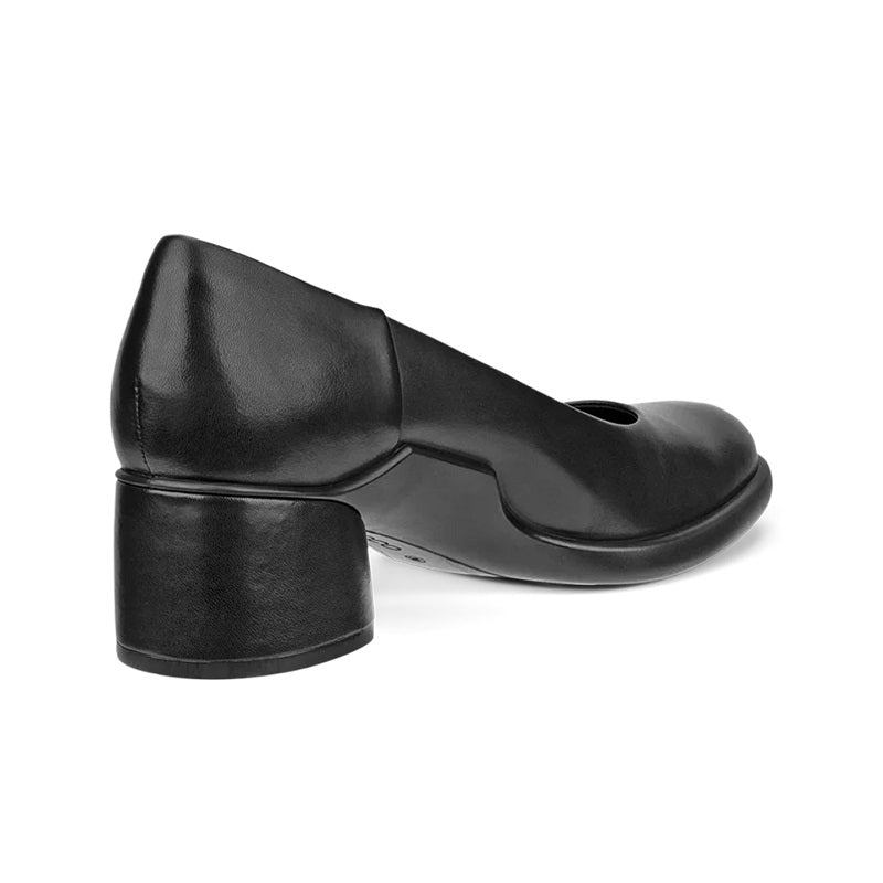 Women's black leather high-heel pump with stitched back seam and chunky heel