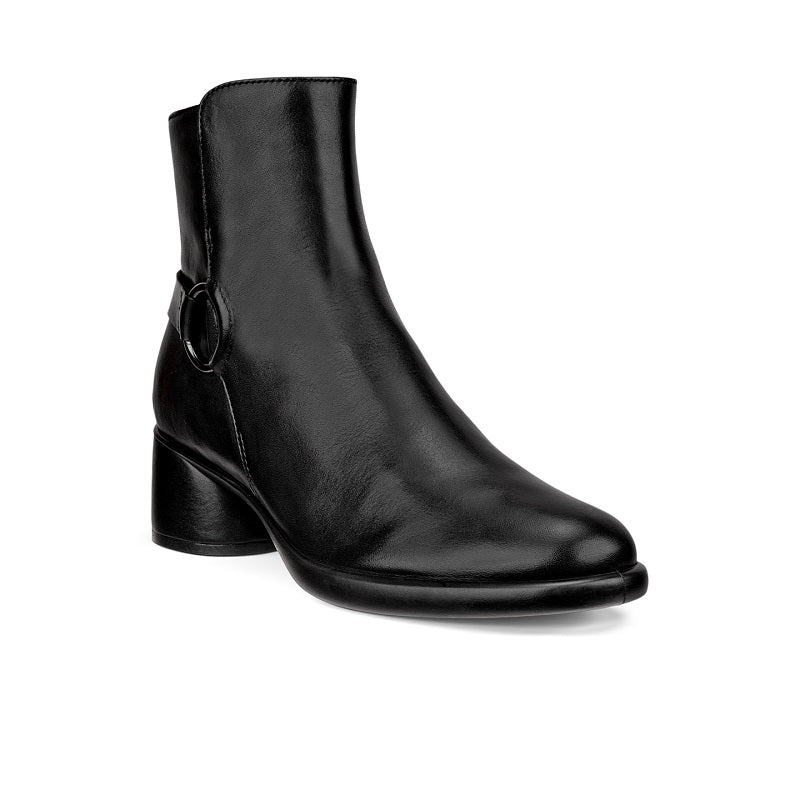Women's black mid-cut leather boot with side ring buckle and block heel