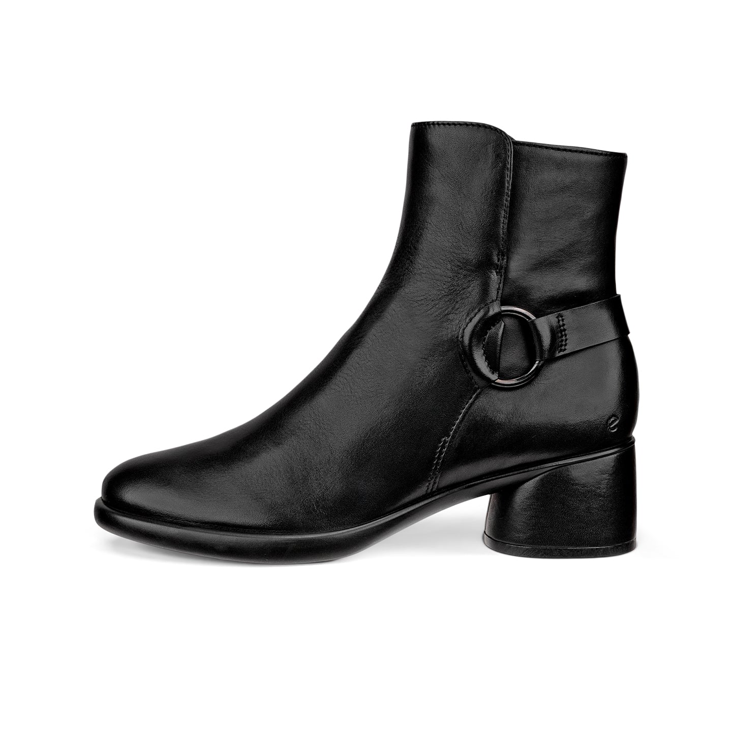 Women's black mid-cut leather boot with side ring detail and block heel