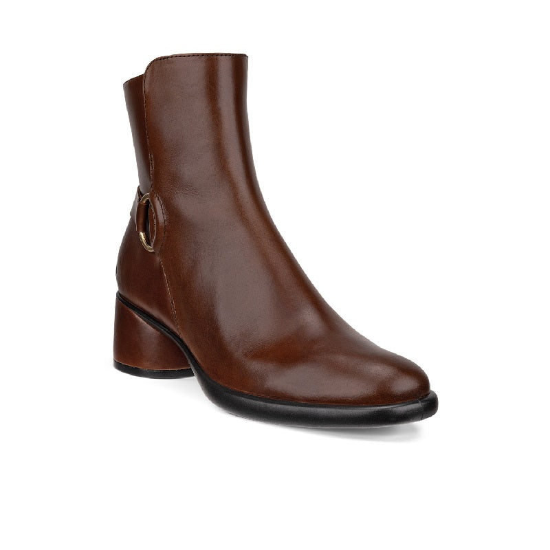 Women's brown mid-cut leather boot with side ring buckle and block heel