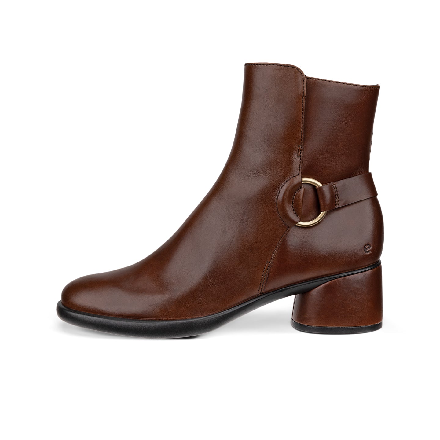 Women's brown mid-cut leather boot with circular buckle and block heel