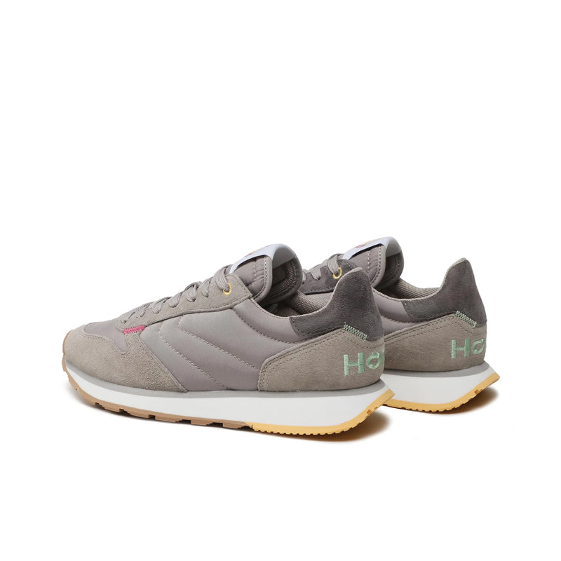 Taupe lace-up low-top sneakers with green HOFF heel logo and textured rubber sole