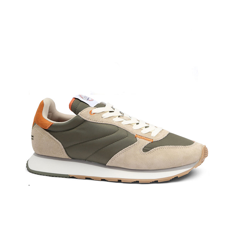Men's fashion sneakers, beige and dark green with orange heel trim and white laces
