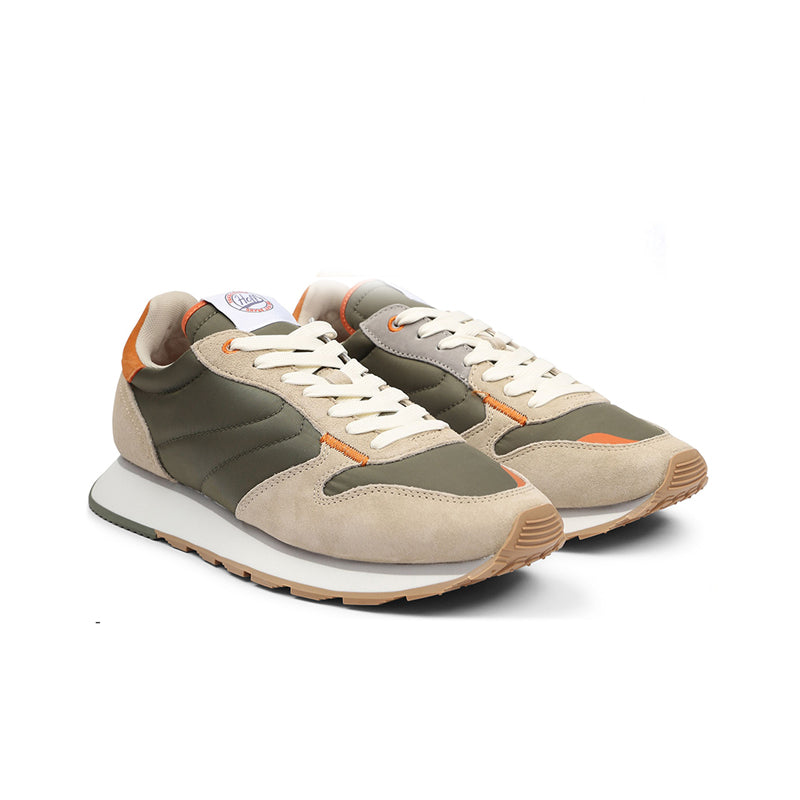 Men's fashion sneakers, beige and dark green with orange accents and white lace-up front