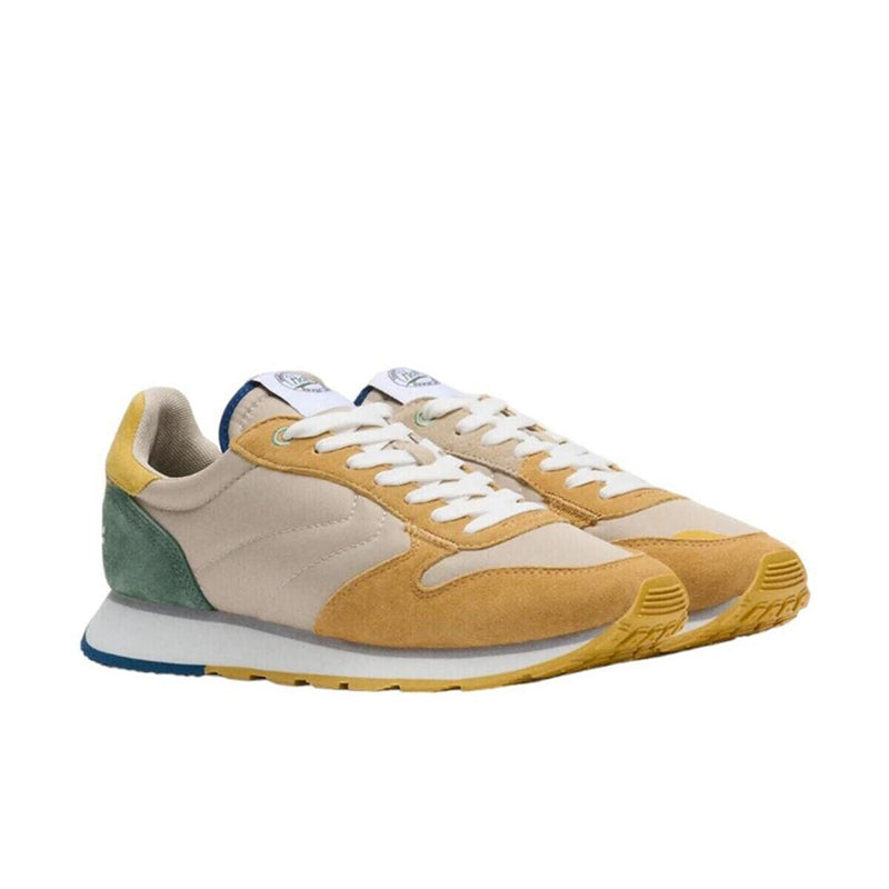Men's casual sneakers in beige, mustard and teal with blue outsole, white laces