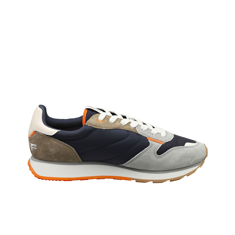 Men's navy and gray sneakers with white laces, orange accents, padded collar