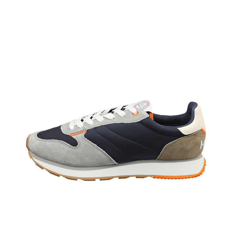 Men's sneakers side view, gray suede panels, navy mesh, white laces, orange trim