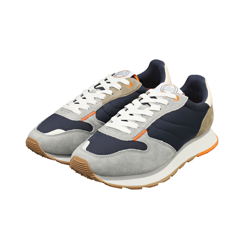 Men's low-top sneakers, navy and gray suede, white laces, tan rubber sole, orange details