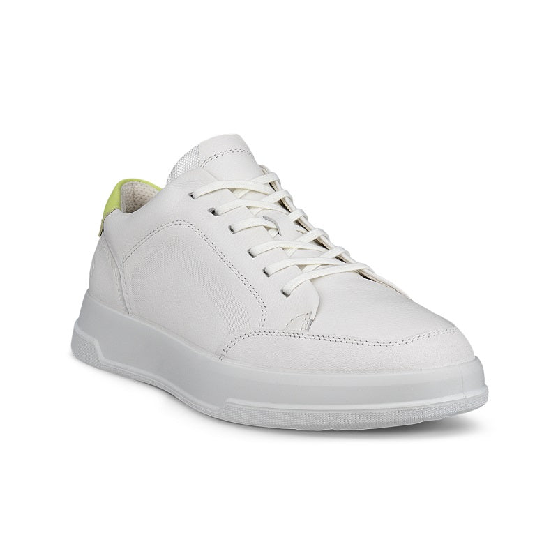 White leather women's sneakers with lace-up front and cushioned sole