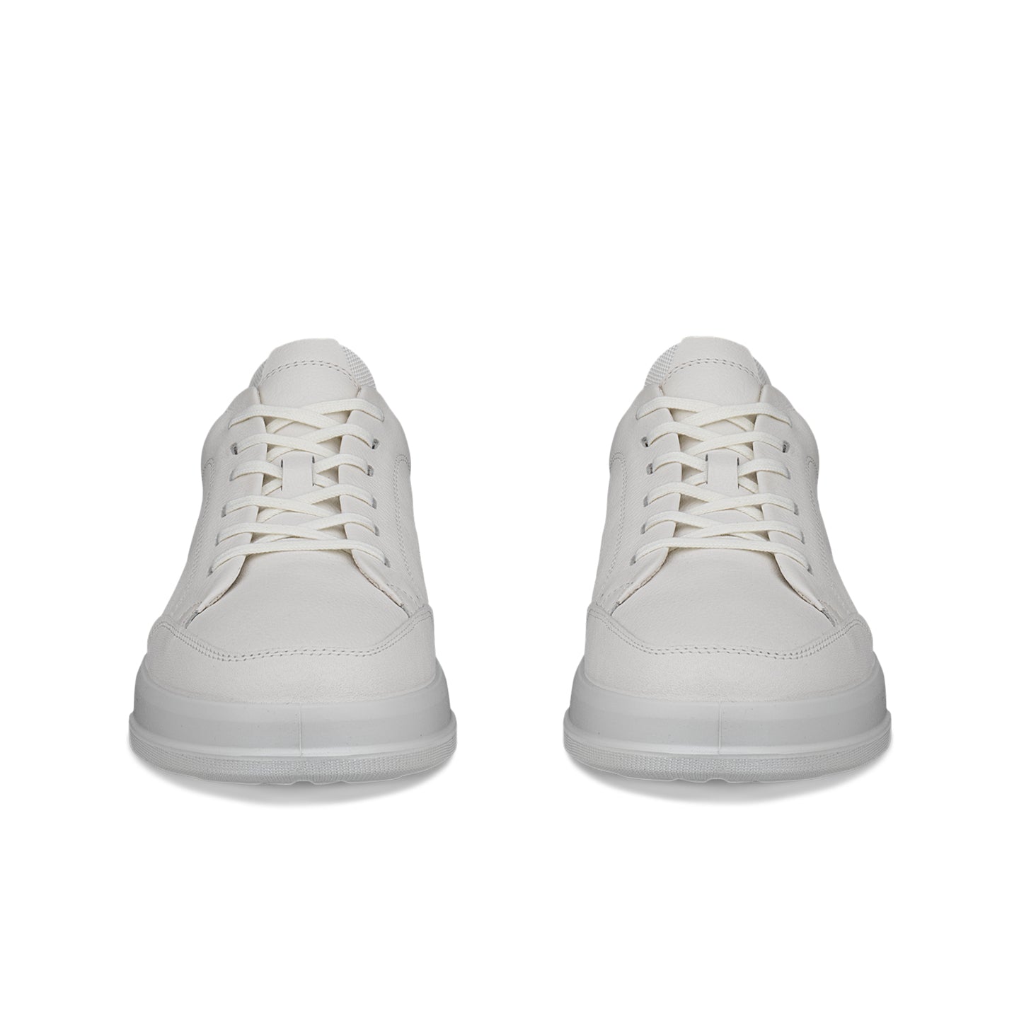 Pair of white leather lace-up sneakers with back view and low profile sole