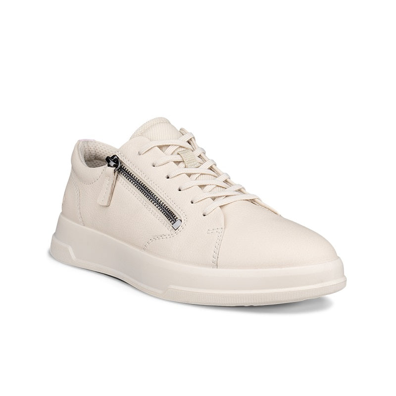 Beige leather lace-up sneakers with zip side detail and cushioned rubber sole