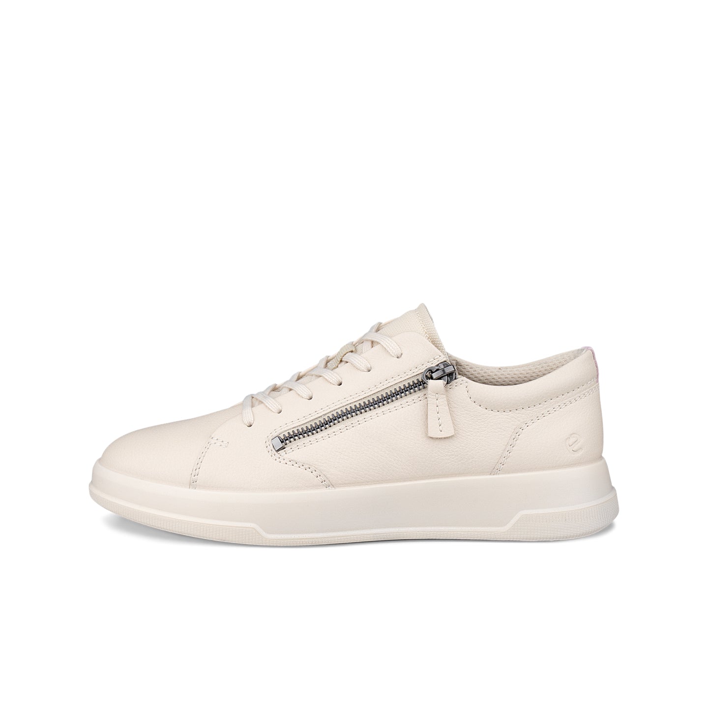Beige leather lace-up sneakers with zip side pocket and thick rubber sole