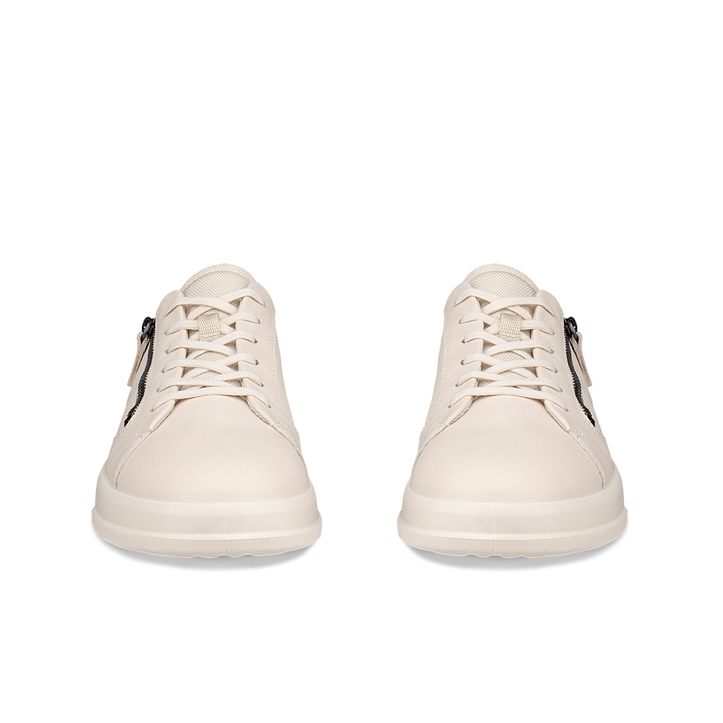 Beige leather sneakers, lace-up front with low-profile rubber sole
