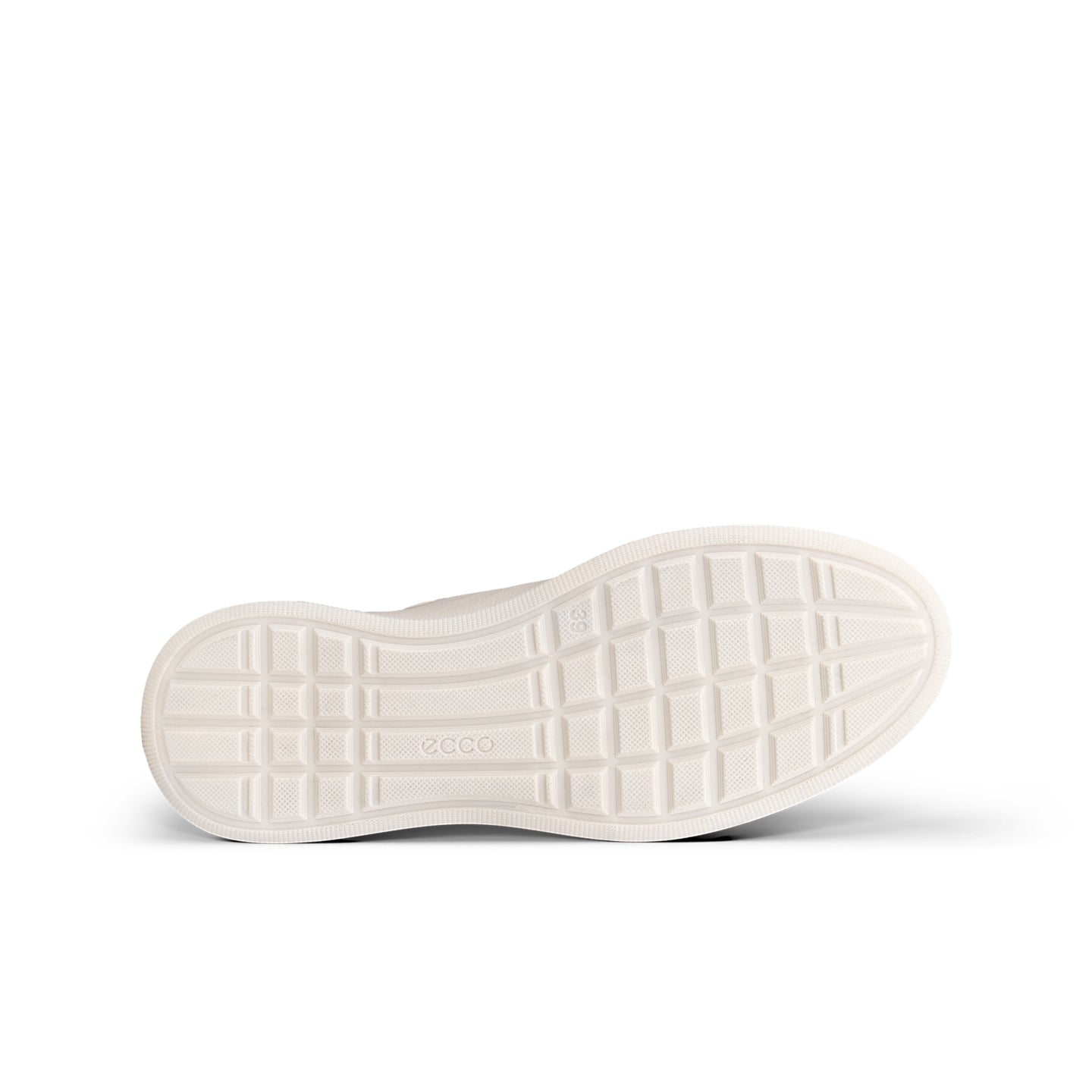 Beige sneaker outsole with tread pattern and logo detail