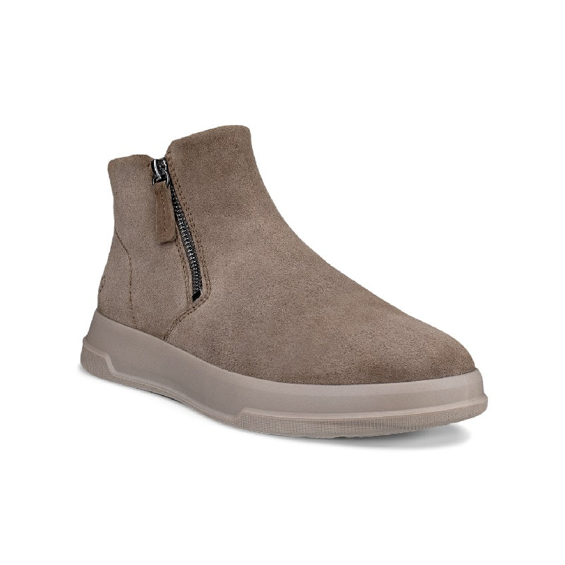 Brown suede ankle boots with side zip and cushioned sole