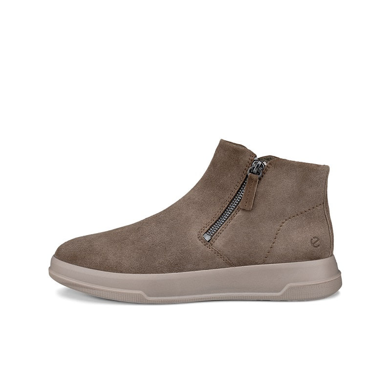 Brown suede ankle boots with side zip closure and rubber sole