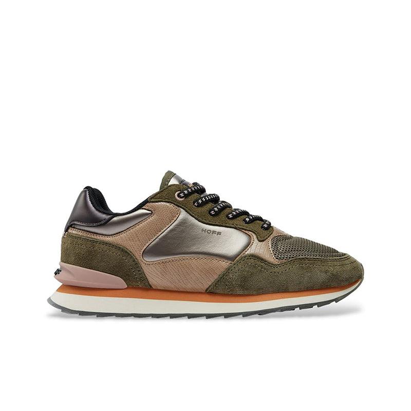 Hoff women’s sneakers in green and tan with black laces and white sole