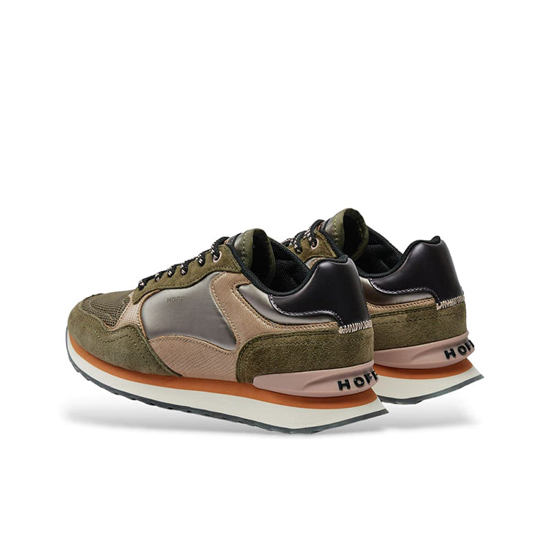 Hoff women’s sneakers, green suede-look upper with tan panels and black heel