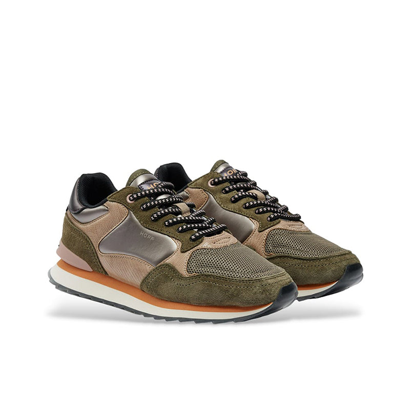Hoff women’s casual sneakers with olive green upper, beige panels, black lace-up