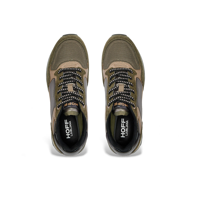 Hoff women’s sneakers top view, olive textured uppers with black lace-up fronts