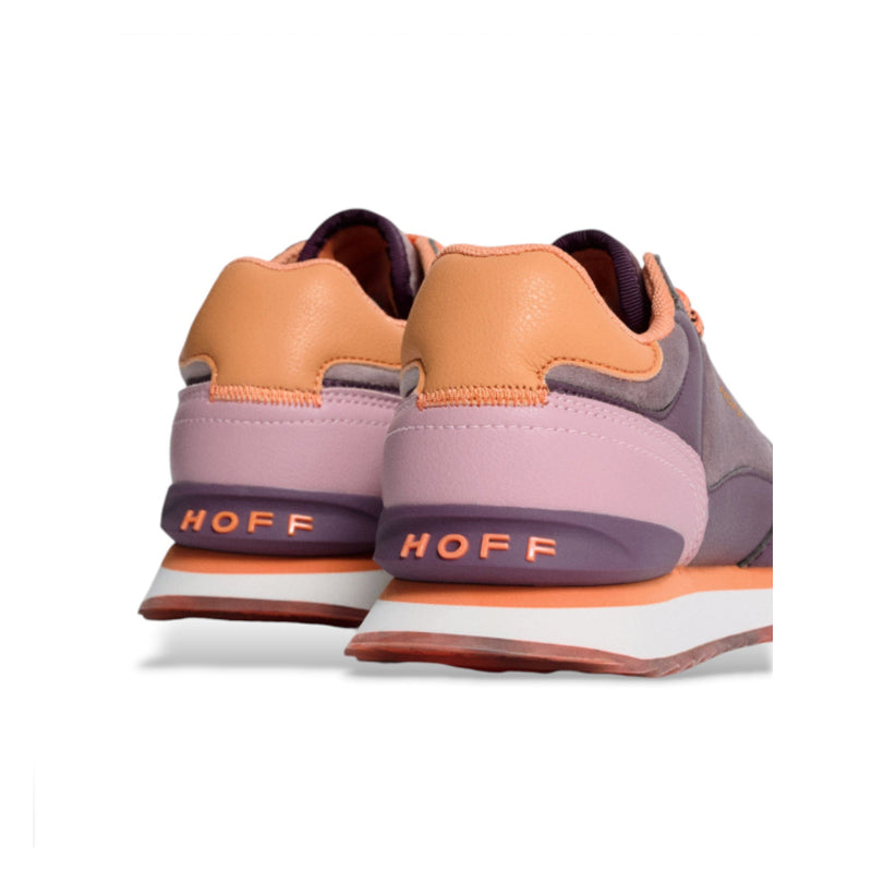 Back view of gray and orange women's sneakers with padded collar and HOFF branding