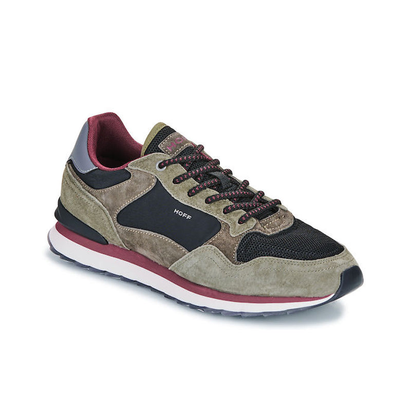 Men's low-top leather sneakers, beige and navy with burgundy collar and white sole